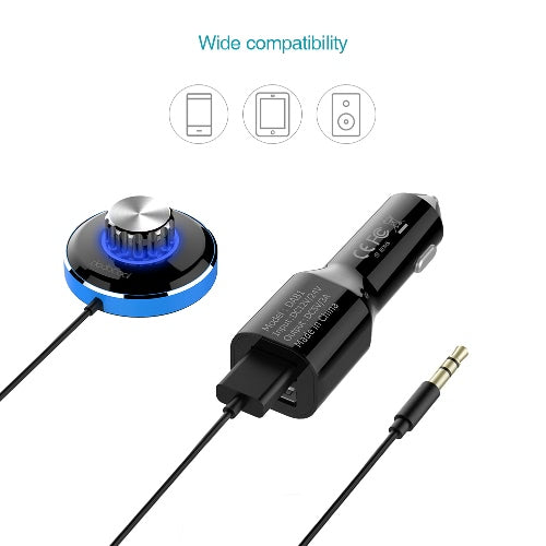 dodocool Wireless Hands-Free Car Kit Music Receiver with 3.5mm Audio Plug Built-in Microphone Magnetic Mounts Support for Siri Voice Control Detachable 10W Dual USB Ports Car Charger Black