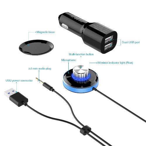 dodocool Wireless Hands-Free Car Kit Music Receiver with 3.5mm Audio Plug Built-in Microphone Magnetic Mounts Support for Siri Voice Control Detachable 10W Dual USB Ports Car Charger Black