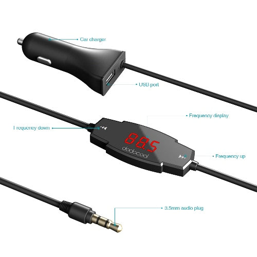 dodocool Wireless FM Transmitter Radio Car Kit with Hands-Free Function and USB Car Charger for Smartphones Portable Audio Devices with 3.5mm Audio Plug Black