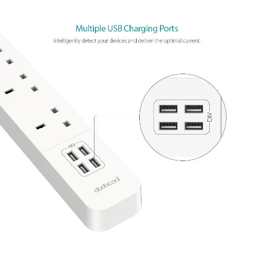 dodocool Smart 1100W 4-outlet Surge Protector 1440 Joules Power Strip مع 20W 4-Port USB Charger 4.92ft تمديد سلك الرصاص تشغيل / إيقاف مؤشر LED للهواتف الذكية والأجهزة اللوحية والمزيد الولايات المتحدة التوصيل AC125V الأبيض