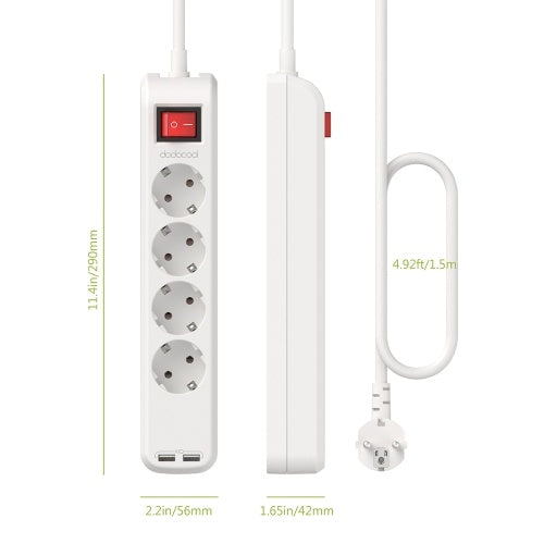 dodocool 3850W Smart 4 Way AC Outlet Surge Protector 1050 Joules Power Strip with 15W 3.1A 2 USB Charging Ports 4.92ft تمديد سلك الرصاص حماية الزائد تشغيل / إيقاف تشغيل مؤشر LED AC220-250V الاتحاد الأوروبي التوصيل الأبيض