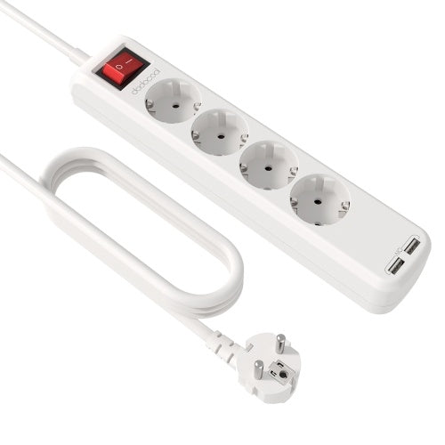 dodocool 3850W Smart 4 Way AC Outlet Surge Protector 1050 Joules Power Strip with 15W 3.1A 2 USB Charging Ports 4.92ft Extension Lead Cord Overload Protection ON/OFF Switch LED Indicator AC220-250V EU Plug White