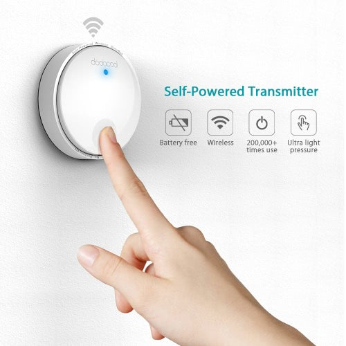 dodocool Self-powered Battery-free Wireless Doorbell Kit with 1 Battery-free Transmitter Push Button and 2 Plug-in Receivers