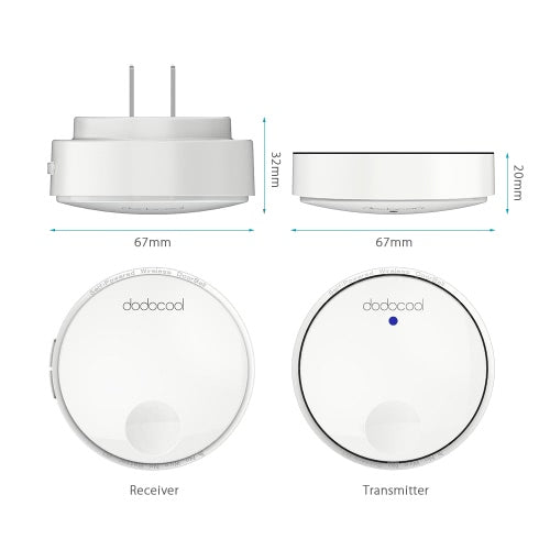 dodocool Self-powered Battery-free Wireless Doorbell Kit with 1 Battery-free Transmitter Push Button and 2 Plug-in Receivers