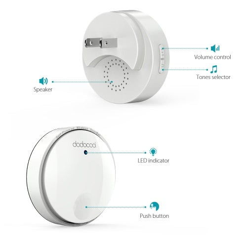 dodocool Self-powered Battery-free Wireless Doorbell Kit with 1 Battery-free Transmitter Push Button and 2 Plug-in Receivers