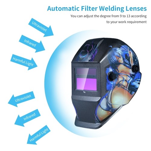 خوذة لحام تعمل بالطاقة الشمسية، غطاء سواد تلقائي مع نطاق ظل قابل للتعديل 4/9-13 لقناع لحام القوس Mig Tig درع تصميم فتاة الكرتون