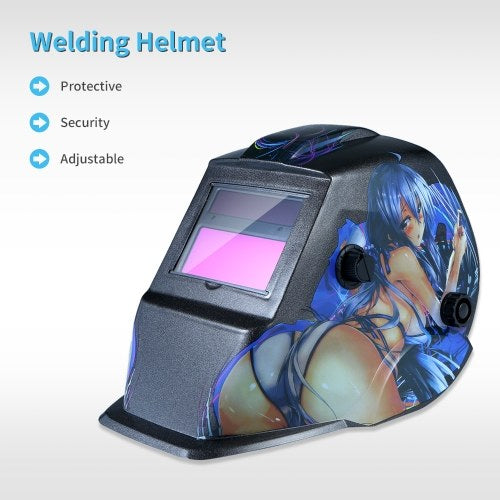 Welding Helmet Solar Powered Auto Darkening Hood with Adjustable Shade Range 4/9-13 for Mig Tig Arc Welder Mask Shield Cartoon Girl Design