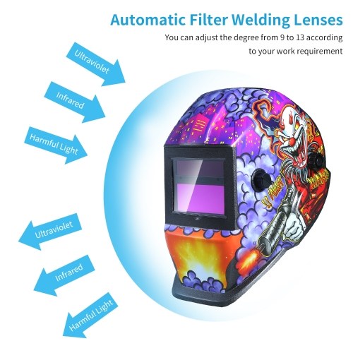 Welding Helmet Solar Powered Auto Darkening Hood with Adjustable Shade Range 4/9-13 for Mig Tig Arc Welder Mask Shield Purple Clown Design