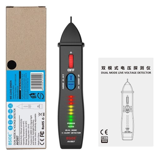 BSIDE AVD07 Dual Mode Test Pen Live Voltage Detector Test Pencil 12V~1000V AC Voltage Detection Non-contact AC Voltage Tester Pen Shaped V～Alert Detector with Automatic/Manual Dual Mode Selection