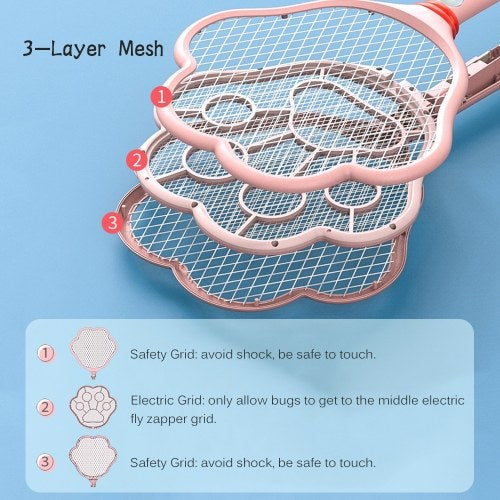 Electric Fly Swatter 2 in 1 Rechargeable Mosquito Racket Insect Bug Zapper Fly Killer Cat-paw Shape 3 Layer Electric Grid 3800 Volts for Indoor and Outdoor Pest Control