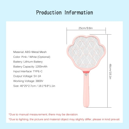 Electric Fly Swatter 2 in 1 Rechargeable Mosquito Racket Insect Bug Zapper Fly Killer Cat-paw Shape 3 Layer Electric Grid 3800 Volts for Indoor and Outdoor Pest Control