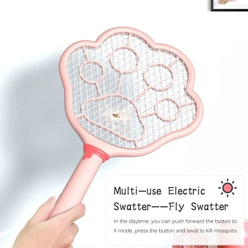 Electric Fly Swatter 2 in 1 Rechargeable Mosquito Racket Insect Bug Zapper Fly Killer Cat-paw Shape 3 Layer Electric Grid 3800 Volts for Indoor and Outdoor Pest Control