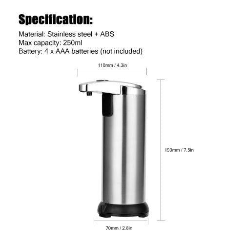 250ML Stainless Steel IR Sensor Touchless Waterproof Automatic Liquid Soap Dispenser for Kitchen Bathroom Home