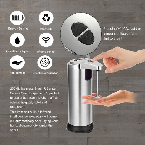 250ML Stainless Steel IR Sensor Touchless Waterproof Automatic Liquid Soap Dispenser for Kitchen Bathroom Home