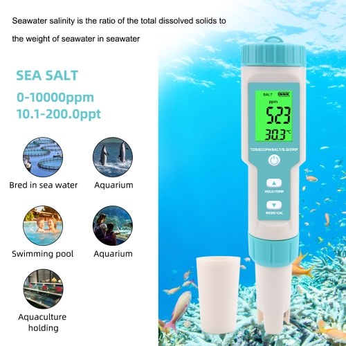 7 in 1 PH/TDS/EC/ORP/S.G/Salinity/Temperature Multi-Parameter Pocket Water Quality Tester with Electrode Replaceable C-600 PH Meter for Pools Drinking Water Aquariums with Backlight