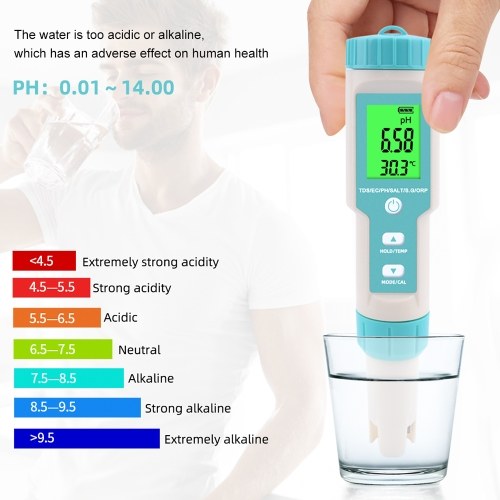 7 in 1 PH/TDS/EC/ORP/S.G/Salinity/Temperature Multi-Parameter Pocket Water Quality Tester with Electrode Replaceable C-600 PH Meter for Pools Drinking Water Aquariums with Backlight