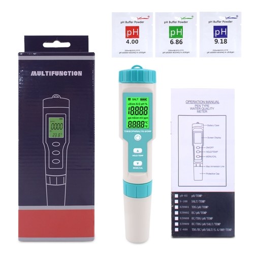 7 in 1 PH/TDS/EC/ORP/S.G/Salinity/Temperature Multi-Parameter Pocket Water Quality Tester with Electrode Replaceable C-600 PH Meter for Pools Drinking Water Aquariums with Backlight