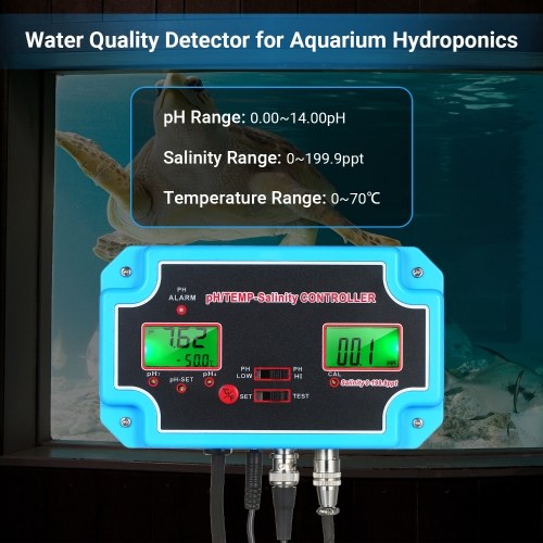 230V 3-in-1 pH/Salinity/TEMP Water Quality Detector pH/TEMP-Salinity Controller 14.00pH Value 0-199.9ppt Salinity Water Quality Tester for Aquarium Hydroponics Tank Monitor