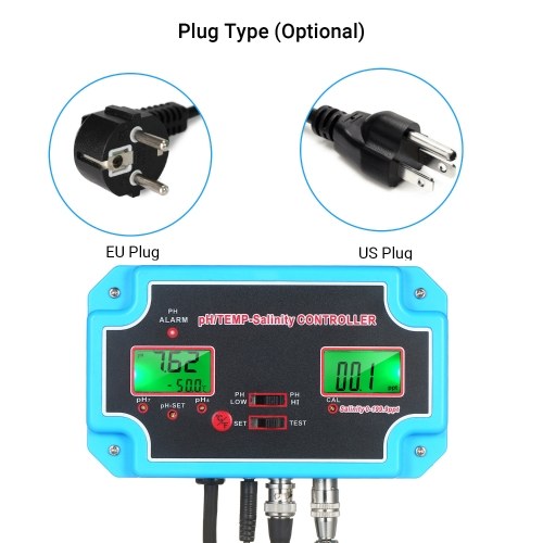 230V 3-in-1 pH/Salinity/TEMP Water Quality Detector pH/TEMP-Salinity Controller 14.00pH Value 0-199.9ppt Salinity Water Quality Tester for Aquarium Hydroponics Tank Monitor