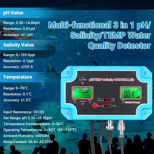230 فولت 3 في 1 درجة الحموضة/الملوحة/درجة الحرارة كاشف جودة المياه درجة الحموضة/درجة الحرارة-وحدة تحكم الملوحة 14.00 درجة الحموضة قيمة 0-199.9ppt اختبار جودة المياه الملوحة لمراقبة خزان حوض السمك المائية