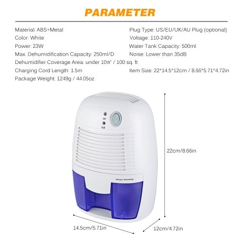 Mini Quiet Dehumidifier for 100 sq. ft with 250ml/D Dehumidification Capacity and 500ml Water Tank Electric Plug-in Peltier Dehumidifier