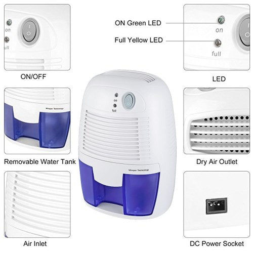 Mini Quiet Dehumidifier for 100 sq. ft with 250ml/D Dehumidification Capacity and 500ml Water Tank Electric Plug-in Peltier Dehumidifier