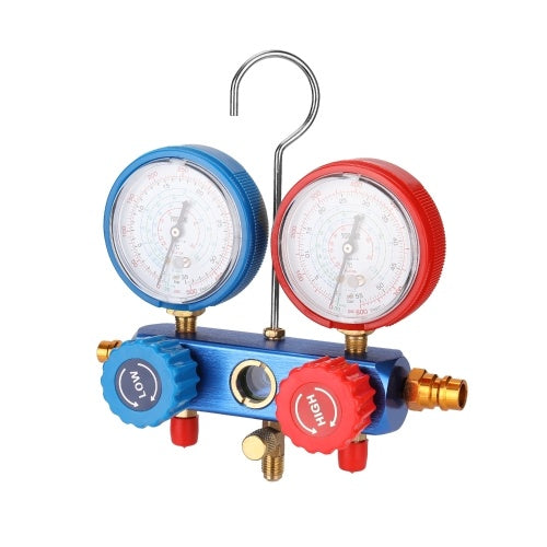 YS-025 Manifold Dual Gauges Set Refrigeration Equipment Pressure Measuring Tool Kit with 3 Recharge Hoses