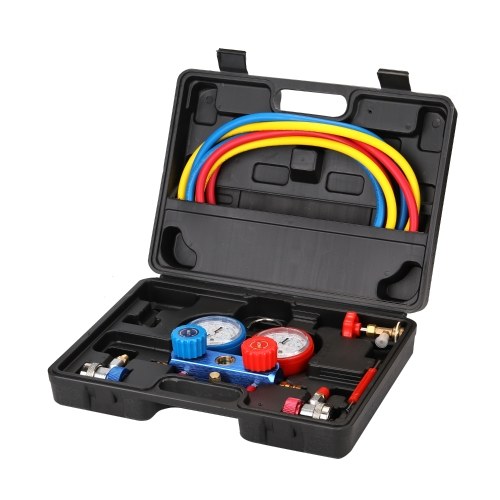 YS-025 Manifold Dual Gauges Set Refrigeration Equipment Pressure Measuring Tool Kit with 3 Recharge Hoses