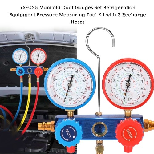 YS-025 Manifold Dual Gauges Set Refrigeration Equipment Pressure Measuring Tool Kit with 3 Recharge Hoses