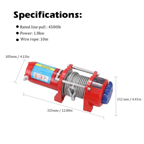 Car Recovery Electric ATV Trailer Truck Winch with 4500lb Rated Line Pull 10m Stainless Steel Cable