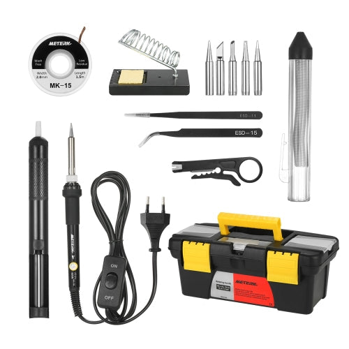 Meterk 14 in 1 Soldering Iron Kit 60W Adjustable Temperature Welding Soldering Iron with ON/OFF Switch 5pcs Soldering Tips Solder Sucker Desoldering Wick Solder Wire Anti-static Tweezers Iron Stand with Cleaning Sponge Tool Box