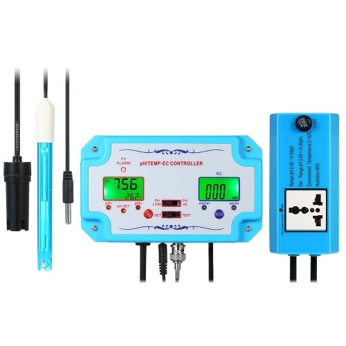 3 in 1 pH/EC/TEMP Water Quality Detector Professional pH Controller with Relay Plug Repleaceable Electrode BNC Type Probe Water Quality Tester for Aquarium Hydroponics Tank Monitor 14.00pH 1999us/cm 19.99ms/cm