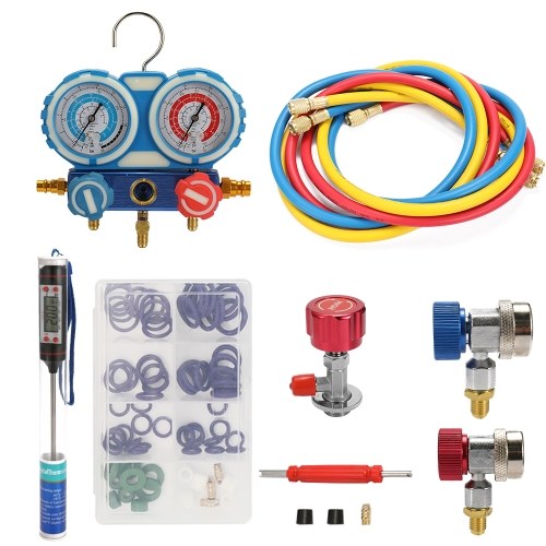 Car Air Conditioning Refrigerant Freon Double Valve Pressure Gauge with Seal Rings Diagnostic Repairing Tool Kit