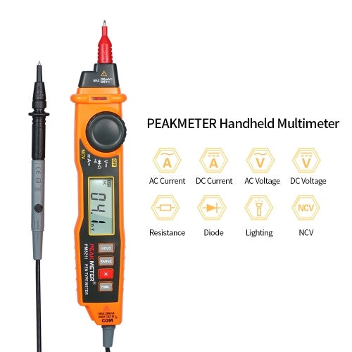 PEAKMETER يده المتعدد الإضاءة الخلفية LCD عرض القلم نوع رقمي متعدد DC / AC الجهد الحالي متر مع NCV واختبار استمرارية الصمام الثنائي المقاومة تتراوح