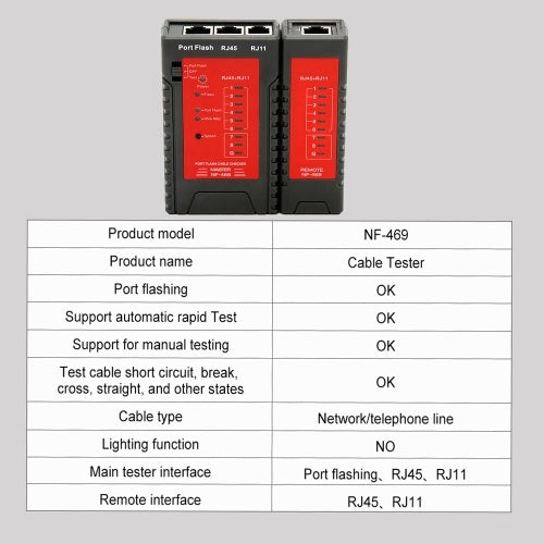 جهاز اختبار كابل الشبكة NF-469 جهاز اختبار RJ45 RJ11 لكابل الشبكة المحلية إيثرنت أداة اختبار سلك الهاتف الثابت