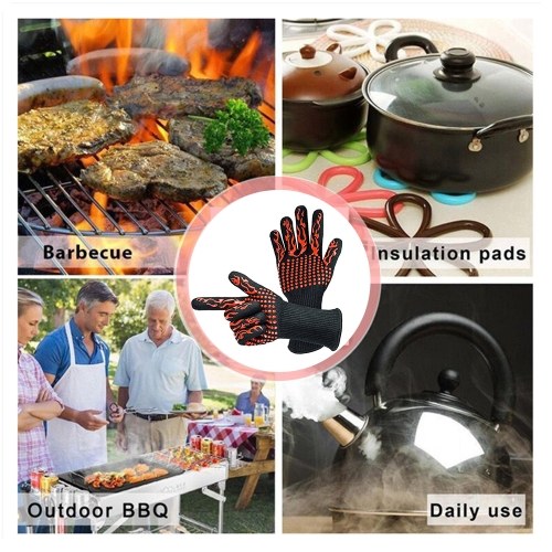 Barbecue Gloves with Silicone Anti-slip Stripe Heat Proof Oven Gloves 500~800℃ Heat Resistant Grill Gloves for Outdoor Barbecue Garden Grilling Kitchen Cooking Welding