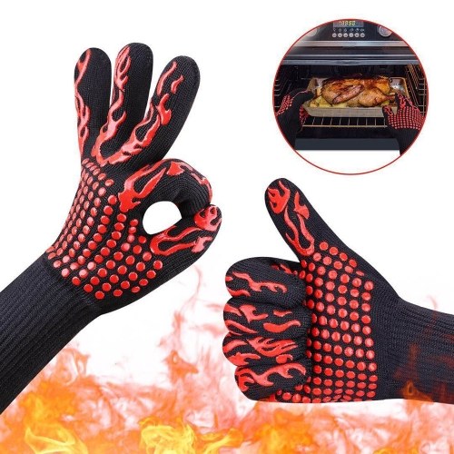 Barbecue Gloves with Silicone Anti-slip Stripe Heat Proof Oven Gloves 500~800℃ Heat Resistant Grill Gloves for Outdoor Barbecue Garden Grilling Kitchen Cooking Welding