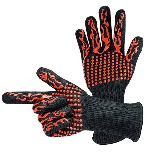 Barbecue Gloves with Silicone Anti-slip Stripe Heat Proof Oven Gloves 500~800℃ Heat Resistant Grill Gloves for Outdoor Barbecue Garden Grilling Kitchen Cooking Welding