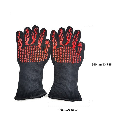 Barbecue Gloves with Silicone Anti-slip Stripe Heat Proof Oven Gloves 500~800℃ Heat Resistant Grill Gloves for Outdoor Barbecue Garden Grilling Kitchen Cooking Welding