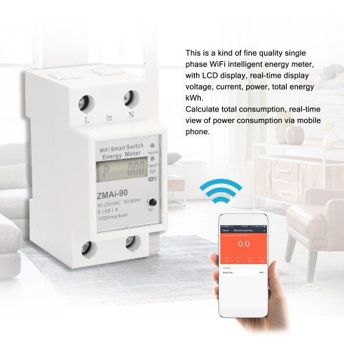 Single Phase Din Rail Wifi Intelligent Energy Meter Power Consumption Kwh Meter Wattmeter Support Smartlife/Tuya App Works With Alexa And Google Home