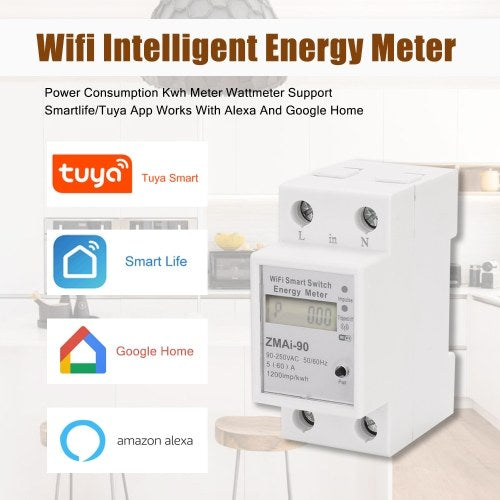 Single Phase Din Rail Wifi Intelligent Energy Meter Power Consumption Kwh Meter Wattmeter Support Smartlife/Tuya App Works With Alexa And Google Home