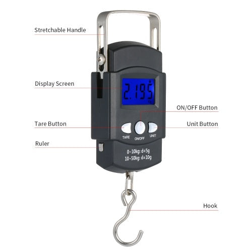 Pocket Scale Backlit LCD Screen Weighing Scale Portable Electronic Balance Digital Fish Hook Hanging Scale Fishing Scale with Measuring Tape Ruler Mini Luggage Scale for Fishing Postal Kitchen