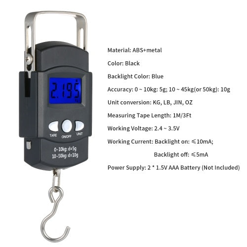 مقياس الجيب ذو الإضاءة الخلفية بشاشة LCD ميزان الوزن الإلكتروني المحمول خطاف السمك الرقمي ميزان معلق مقياس الصيد مع شريط قياس مسطرة ميزان الأمتعة الصغير لصيد الأسماك المطبخ البريدي