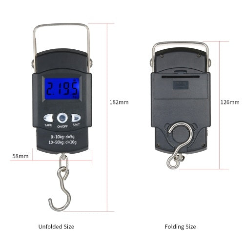 مقياس الجيب ذو الإضاءة الخلفية بشاشة LCD ميزان الوزن الإلكتروني المحمول خطاف السمك الرقمي ميزان معلق مقياس الصيد مع شريط قياس مسطرة ميزان الأمتعة الصغير لصيد الأسماك المطبخ البريدي