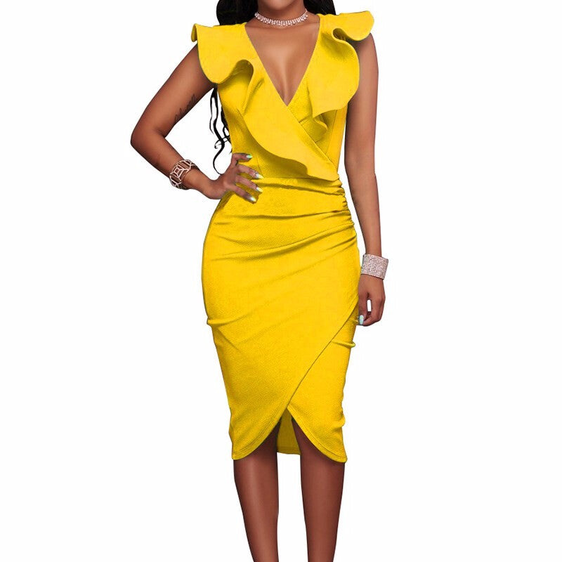 Elegant Sleeveless V Neck Slim Dress - Orange Yellow