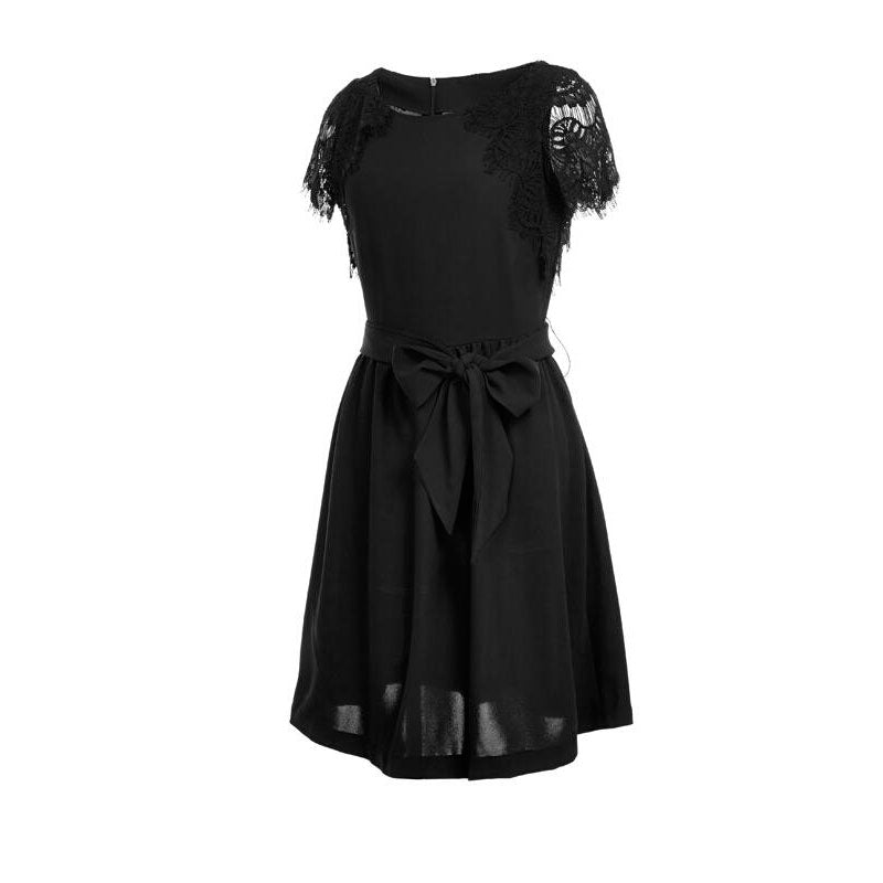 Fashion Solid Short Sleeve Dress With Belt - Black