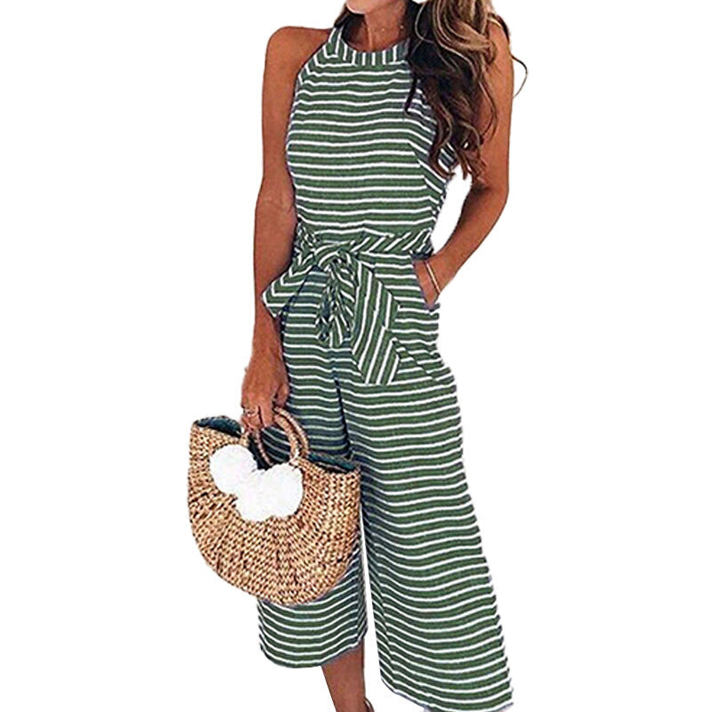 Fashion Summer Sleeveless Striped Jumpsuit - Green