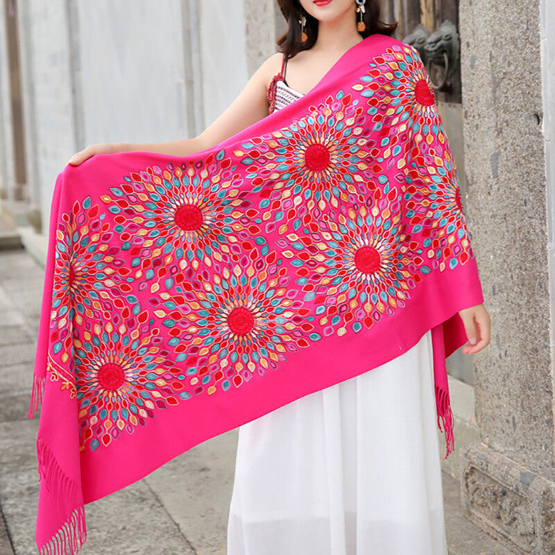 Fashion Women Embroidery Scarf - Hot Pink