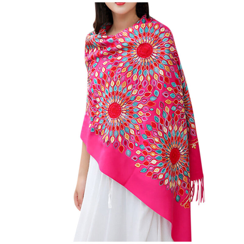 Fashion Women Embroidery Scarf - Hot Pink