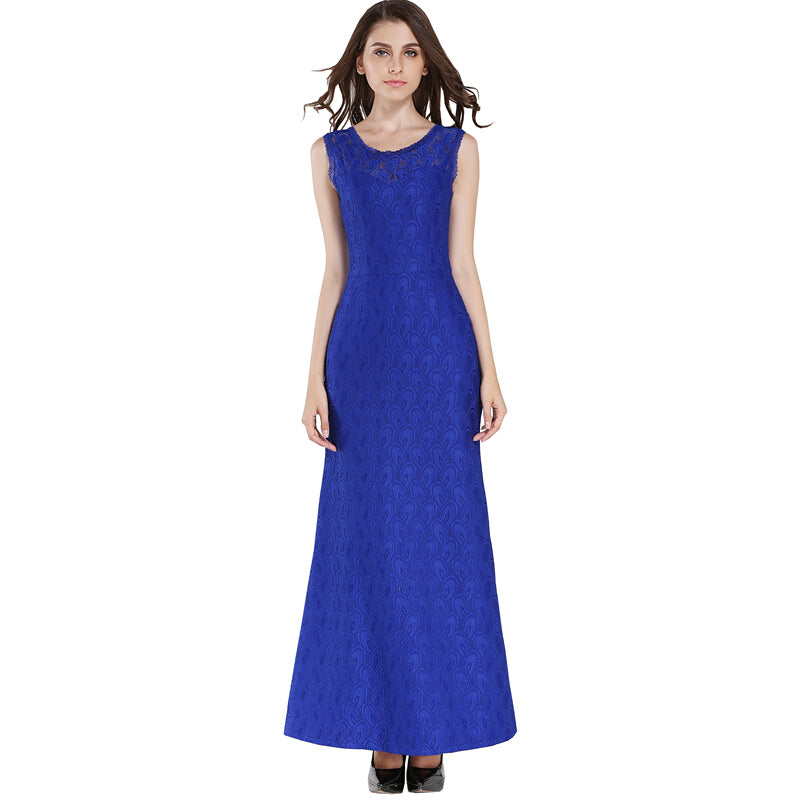 Fashion Women Lace Sleeveless Maxi Dress - Blue